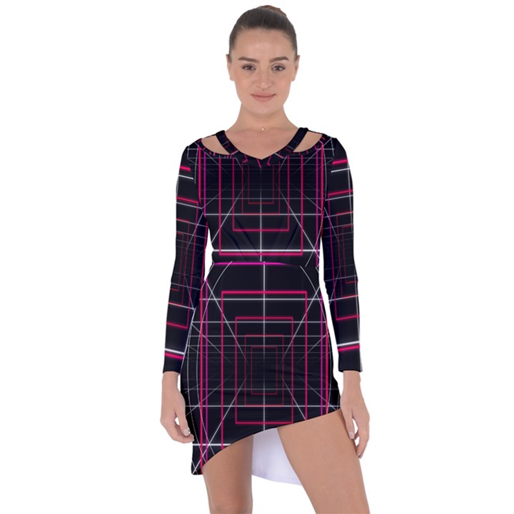 Retro Neon Grid Squares And Circle Pop Loop Motion Background Plaid Asymmetric Cut-Out Shift Dress