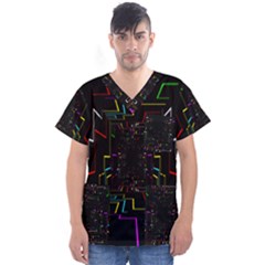 Seamless 3d Animation Digital Futuristic Tunnel Path Color Changing Geometric Electrical Line Zoomin Men s V-neck Scrub Top