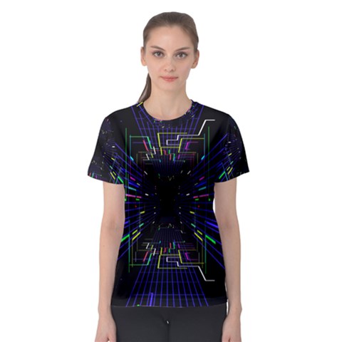 Seamless 3d Animation Digital Futuristic Tunnel Path Color Changing Geometric Electrical Line Zoomin Women s Sport Mesh Tee by Mariart