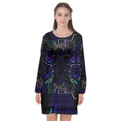 Seamless 3d Animation Digital Futuristic Tunnel Path Color Changing Geometric Electrical Line Zoomin Long Sleeve Chiffon Shift Dress 