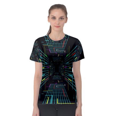 Seamless 3d Animation Digital Futuristic Tunnel Path Color Changing Geometric Electrical Line Zoomin Women s Sport Mesh Tee by Mariart