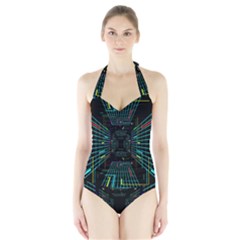 Seamless 3d Animation Digital Futuristic Tunnel Path Color Changing Geometric Electrical Line Zoomin Halter Swimsuit by Mariart