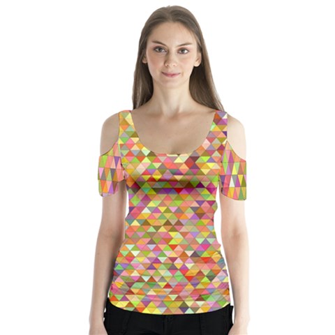 Multicolored Mixcolor Geometric Pattern Butterfly Sleeve Cutout Tee  by paulaoliveiradesign
