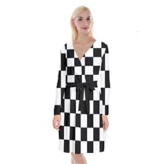 Grid Domino Bank And Black Long Sleeve Velvet Front Wrap Dress