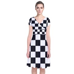 Grid Domino Bank And Black Short Sleeve Front Wrap Dress