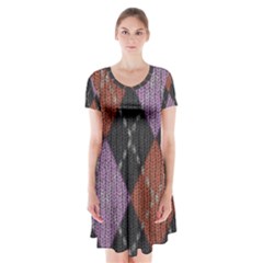 Knit Geometric Plaid Fabric Pattern Short Sleeve V-neck Flare Dress by paulaoliveiradesign