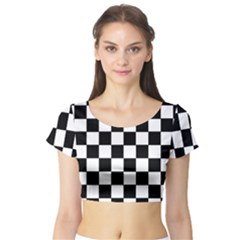 Grid Domino Bank And Black Short Sleeve Crop Top by Nexatart