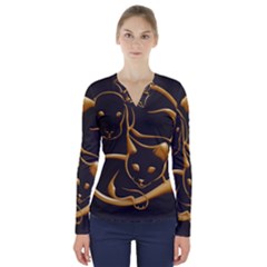 Gold Dog Cat Animal Jewel Dor¨| V-neck Long Sleeve Top by Nexatart