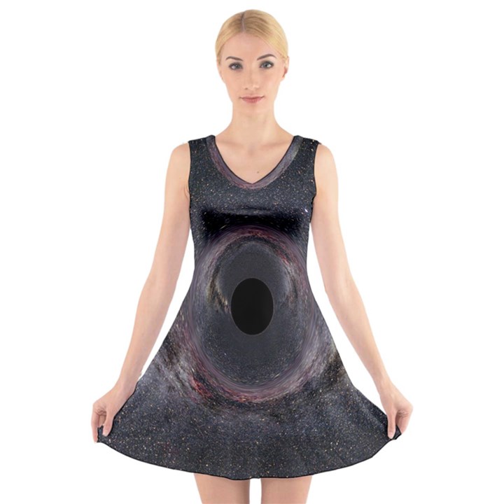 Black Hole Blue Space Galaxy Star V-Neck Sleeveless Skater Dress
