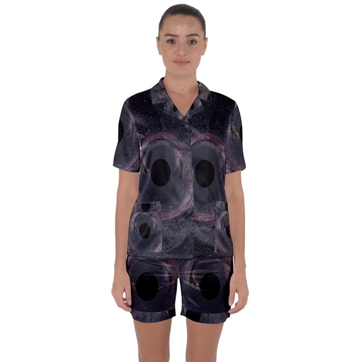 Black Hole Blue Space Galaxy Star Satin Short Sleeve Pyjamas Set