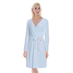 Bleu Pink Line Vertical Long Sleeve Velvet Front Wrap Dress by Mariart