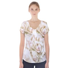 Pastel Roses Antique Vintage Short Sleeve Front Detail Top by Nexatart