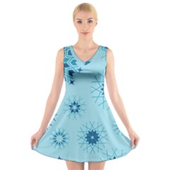 Blue Winter Snowflakes Star V-Neck Sleeveless Skater Dress