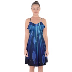 Blue Rays Light Stars Space Ruffle Detail Chiffon Dress