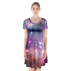 Galaxy Space Star Light Purple Short Sleeve V-neck Flare Dress by Mariart
