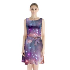 Galaxy Space Star Light Purple Sleeveless Waist Tie Chiffon Dress