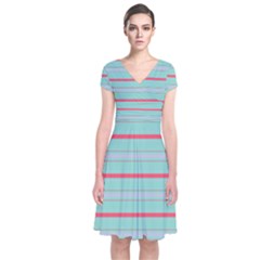 Horizontal Line Blue Red Short Sleeve Front Wrap Dress by Mariart