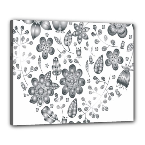 Grayscale Floral Heart Background Canvas 20  x 16 