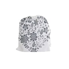 Grayscale Floral Heart Background Drawstring Pouches (Medium) 