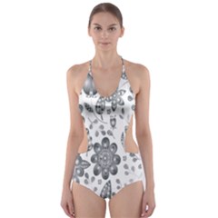 Grayscale Floral Heart Background Cut-out One Piece Swimsuit by Mariart