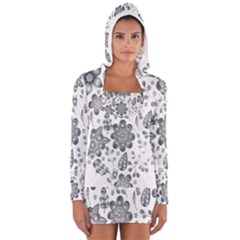 Grayscale Floral Heart Background Long Sleeve Hooded T-shirt