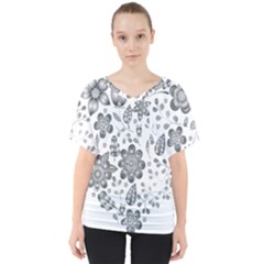 Grayscale Floral Heart Background V-Neck Dolman Drape Top