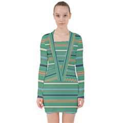 Horizontal Line Green Red Orange V-neck Bodycon Long Sleeve Dress by Mariart