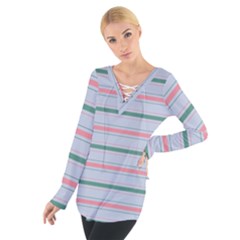 Horizontal Line Green Pink Gray Tie Up Tee by Mariart