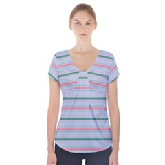 Horizontal Line Green Pink Gray Short Sleeve Front Detail Top by Mariart