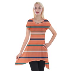 Horizontal Line Orange Short Sleeve Side Drop Tunic