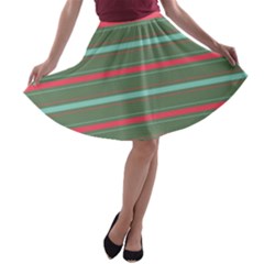 Horizontal Line Red Green A-line Skater Skirt by Mariart