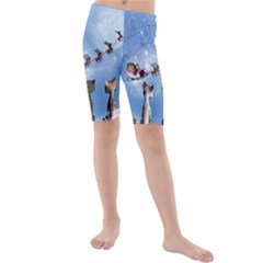 Christmas, Cute Cats Looking In The Sky To Santa Claus Kids  Mid Length Swim Shorts by FantasyWorld7