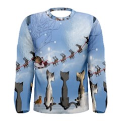 Christmas, Cute Cats Looking In The Sky To Santa Claus Men s Long Sleeve Tee by FantasyWorld7