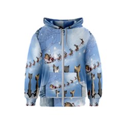 Christmas, Cute Cats Looking In The Sky To Santa Claus Kids  Zipper Hoodie by FantasyWorld7