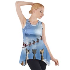 Christmas, Cute Cats Looking In The Sky To Santa Claus Side Drop Tank Tunic by FantasyWorld7