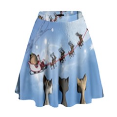 Christmas, Cute Cats Looking In The Sky To Santa Claus High Waist Skirt by FantasyWorld7