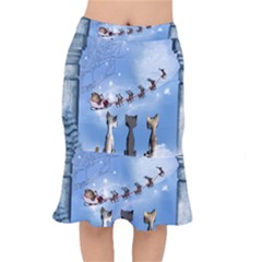 Christmas, Cute Cats Looking In The Sky To Santa Claus Mermaid Skirt by FantasyWorld7