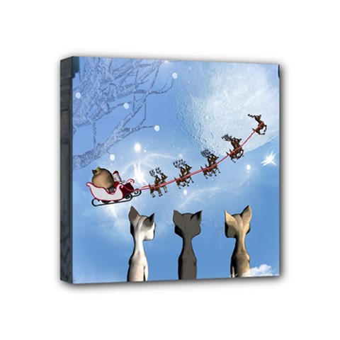 Christmas, Cute Cats Looking In The Sky To Santa Claus Mini Canvas 4  X 4  by FantasyWorld7