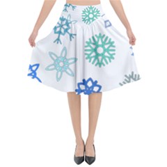 Snowflakes Blue Green Star Flared Midi Skirt