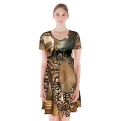 Steampunk, Steampunk Women With Clocks And Gears Short Sleeve V-neck Flare Dress