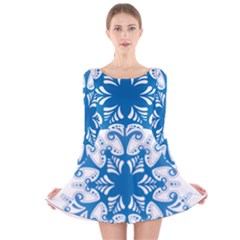 Snowflakes Blue Flower Long Sleeve Velvet Skater Dress by Mariart