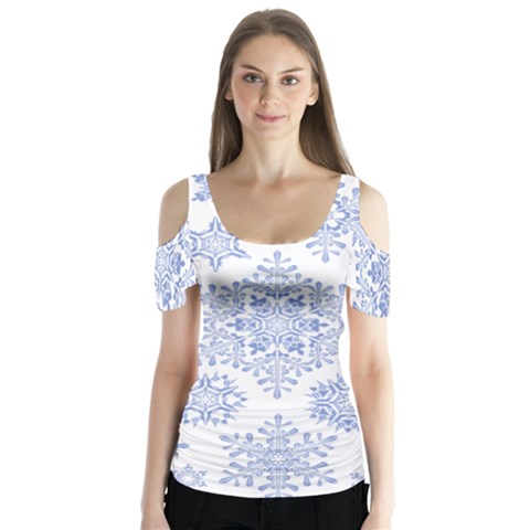 Snowflakes Blue White Cool Butterfly Sleeve Cutout Tee  by Mariart