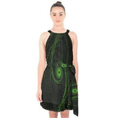 Space Green Hypnotizing Tunnel Animation Hole Polka Green Halter Collar Waist Tie Chiffon Dress
