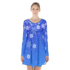 Winter Blue Snowflakes Rain Cool Long Sleeve Velvet V-neck Dress