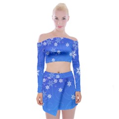 Winter Blue Snowflakes Rain Cool Off Shoulder Top With Skirt Set
