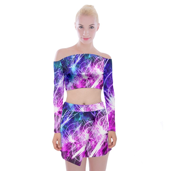 Space Galaxy Purple Blue Off Shoulder Top with Skirt Set