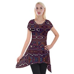 Hippy Boho Chestnut Warped Pattern Short Sleeve Side Drop Tunic by KirstenStar