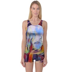 Abstract Tunnel One Piece Boyleg Swimsuit