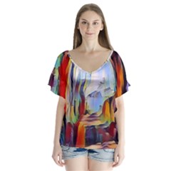 Abstract Tunnel V-neck Flutter Sleeve Top by NouveauDesign