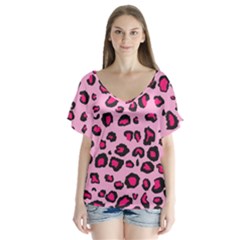 Pink Leopard V-Neck Flutter Sleeve Top